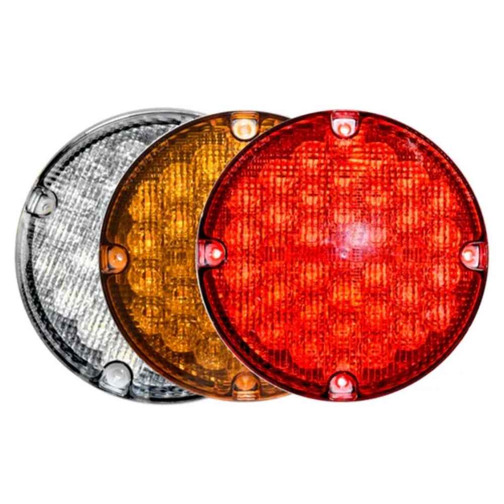 Three round TecNiq K20 : High Visibility Stop/Tail/Turn in red, amber, and clear on a white background
