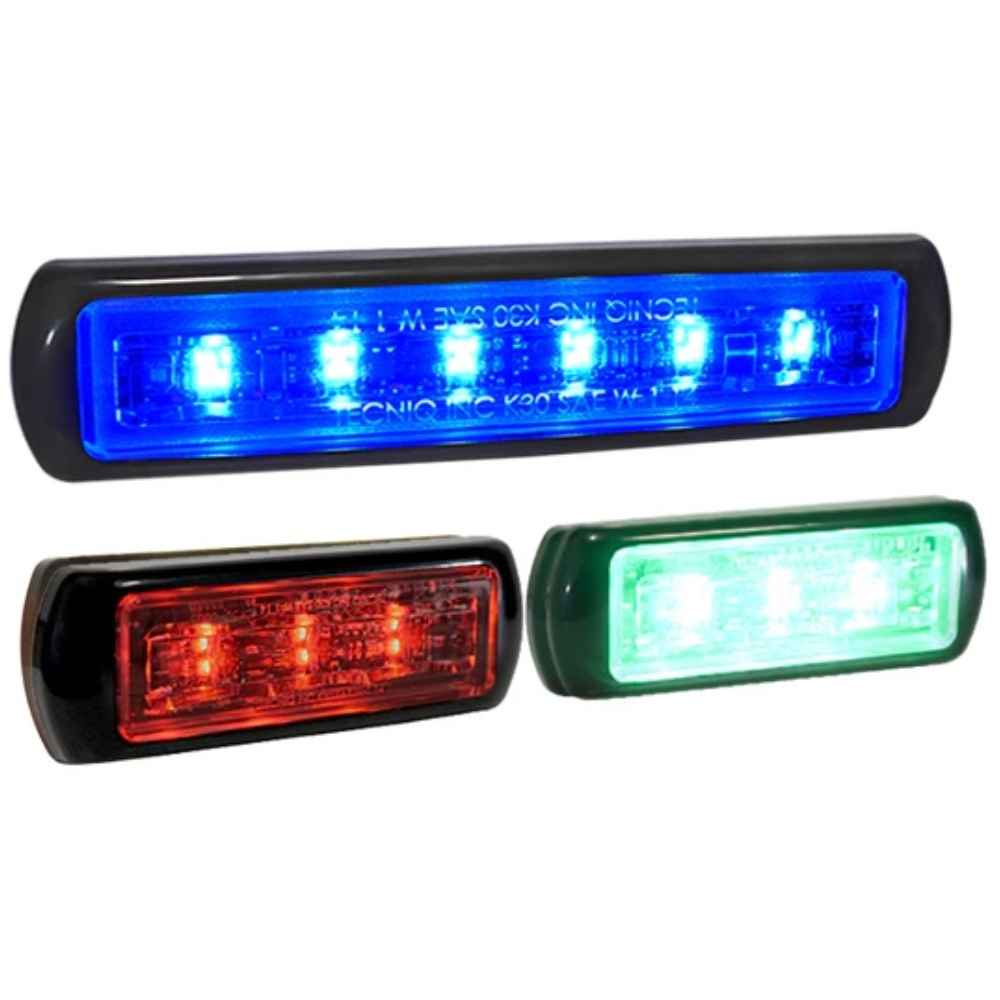 Three LED TecNiq K30 : Grille Light in blue, red, and green on a white background