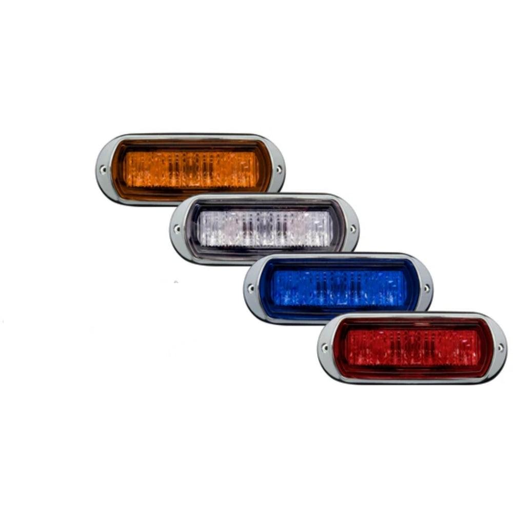 Set of four TecNiq K50 : 5"x 2" LED Emergency Flasher in orange, white, blue, and red on a white background