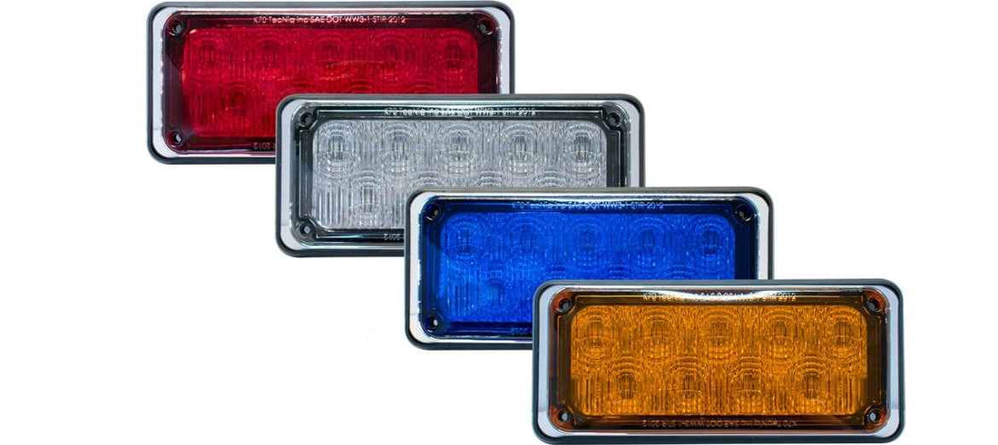 Four TecNiq K70 : 7"x 3" LED Emergency Flasher lights in red, silver, blue, and orange on a white background.