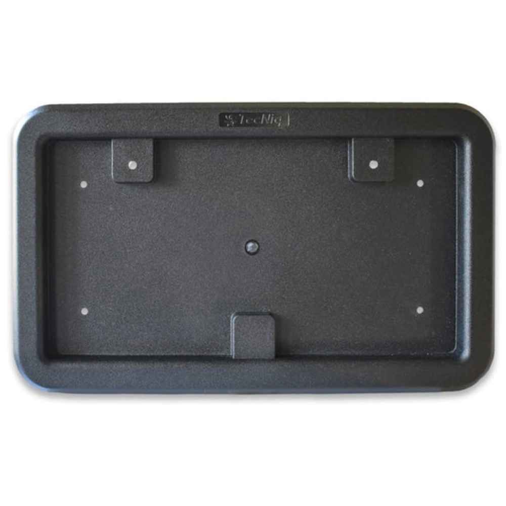 A black TecNiq L90 license plate full back mount without lamp, featuring pre-drilled holes for attachment.