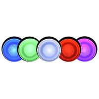 Five colorful circular TecNiq M91 : RGB+W Accent Light on a white background