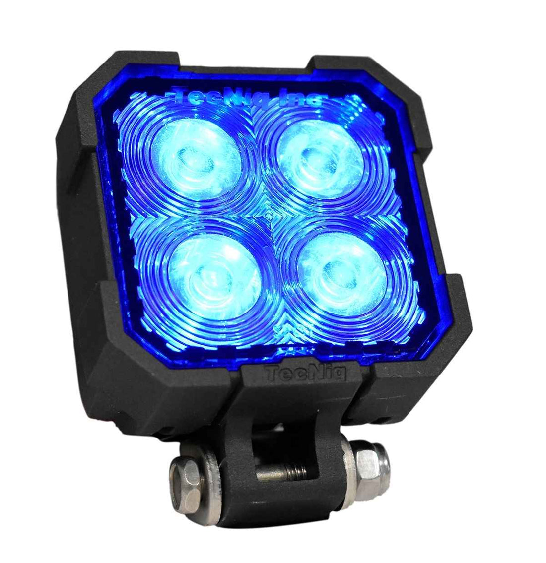 A black, compact LED accent light with four blue illuminated lenses, designed for mounting on vehicles or equipment.