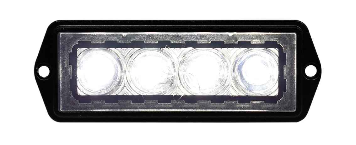 Rectangular LED light bar with four circular lenses on a white background