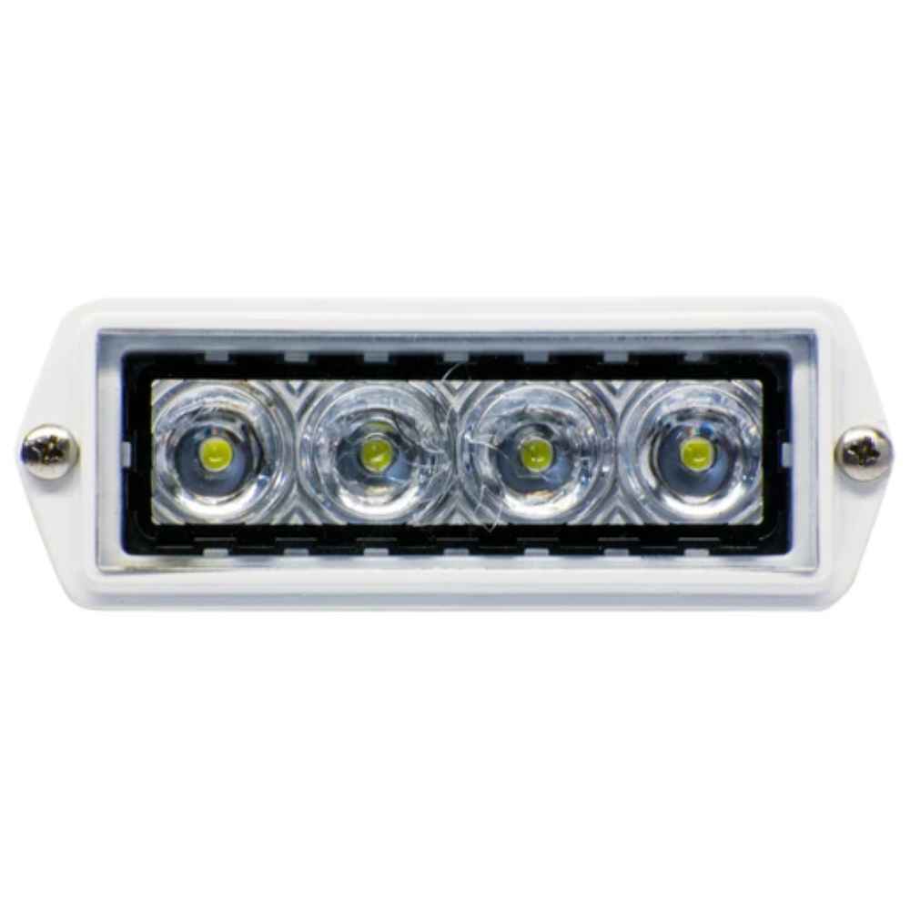 A white TecNiq P10 flush mounted spreader light with LED bulbs visible through a clear lens, designed for vehicle.
