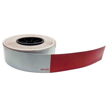 A roll of TecNiq R10 branded reflective tape with a red stripe on a white background.