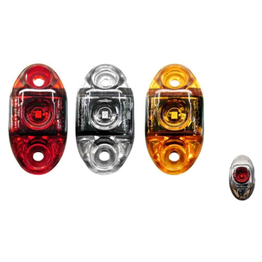 Four small TecNiq S21 : Heavy Duty Oval Marker Lamp in red, clear, amber, and red on a white background