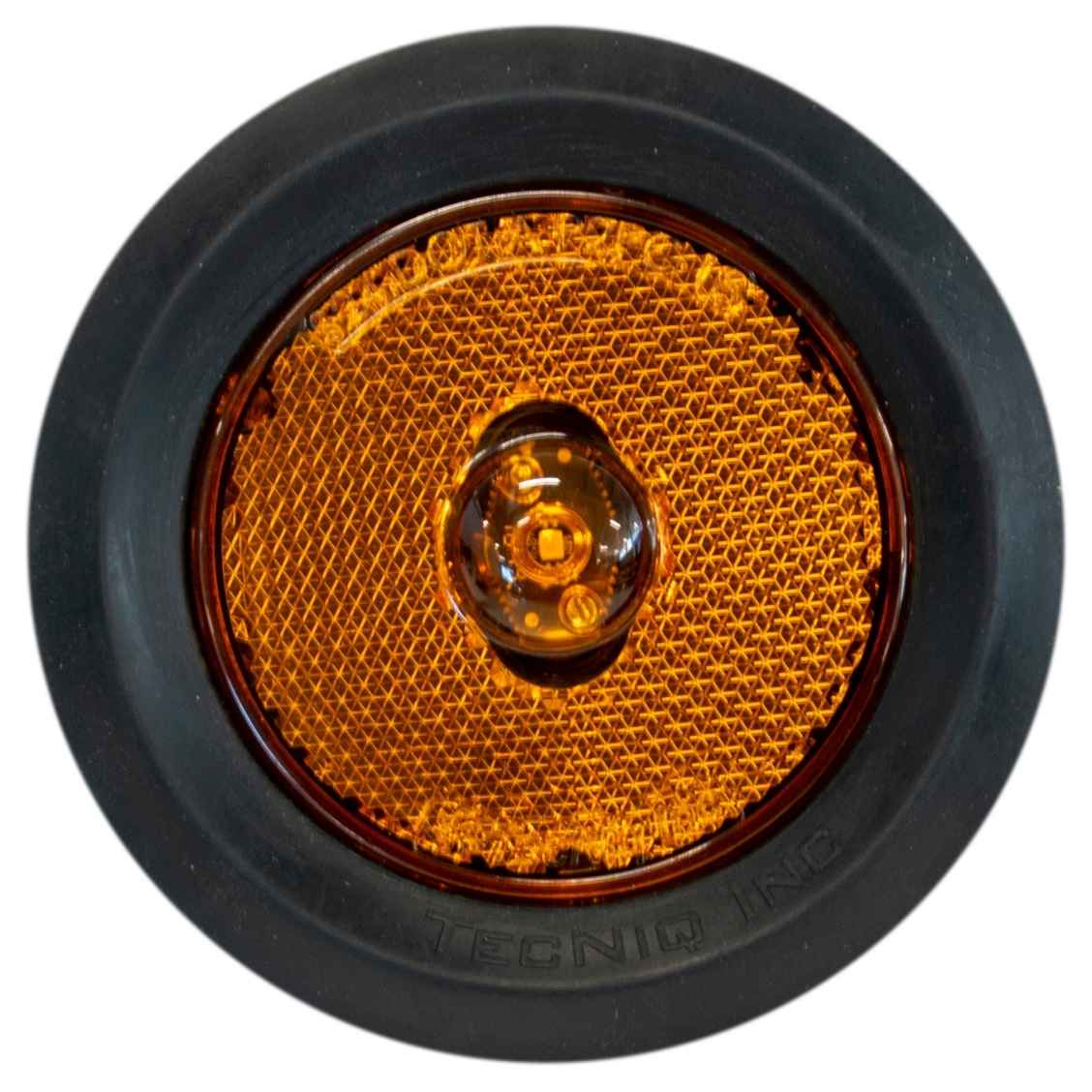 Round amber TecNiq S24 : 2.5" PC Side Marker w/reflector with black rim on a white background