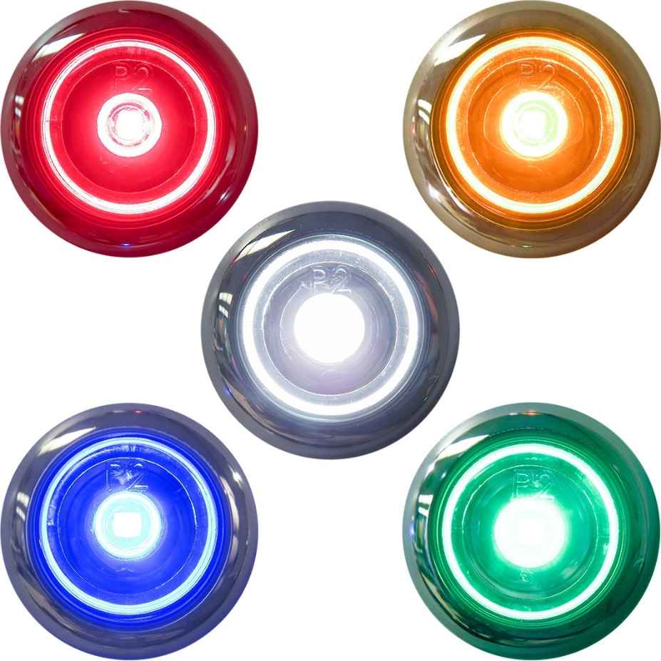Set of five circular TecNiq S33 : P2 Rated Miniature Side Marker in red, orange, white, blue, and green on a white background.