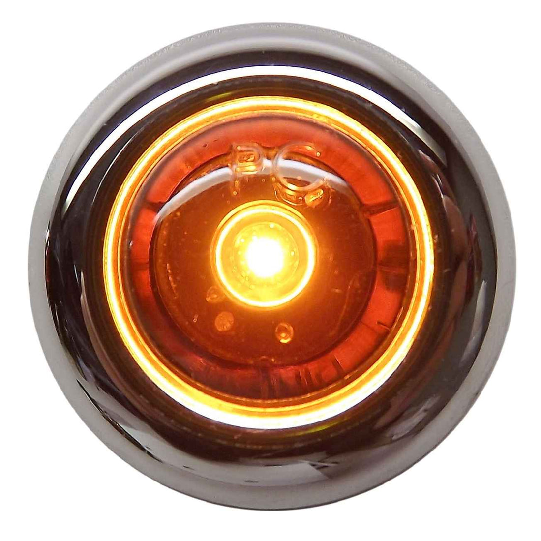 Round amber TecNiq S34 : PC/P2 Rated Miniature Side Marker with chrome rim on a white background
