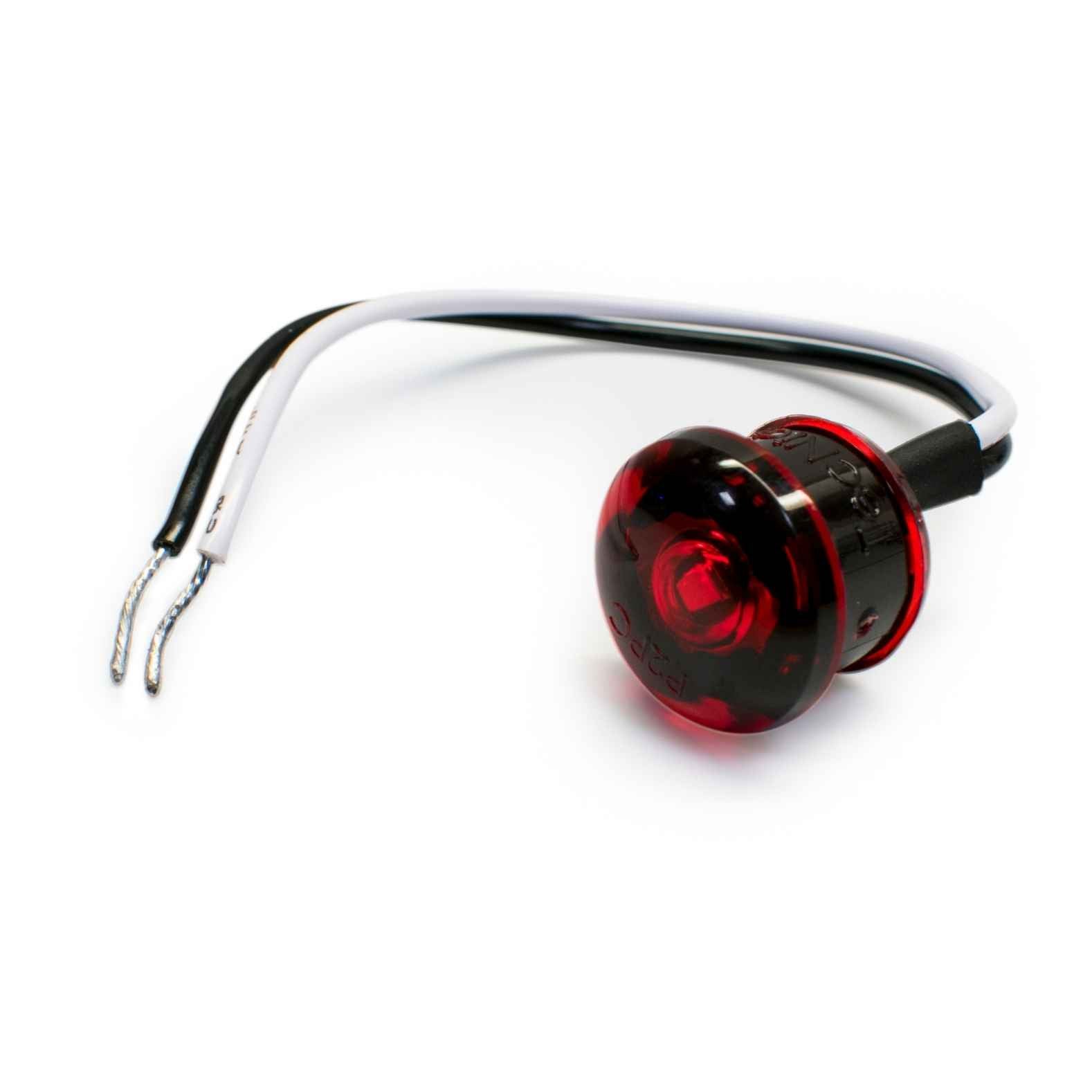 Red LED light with black casing on a white background