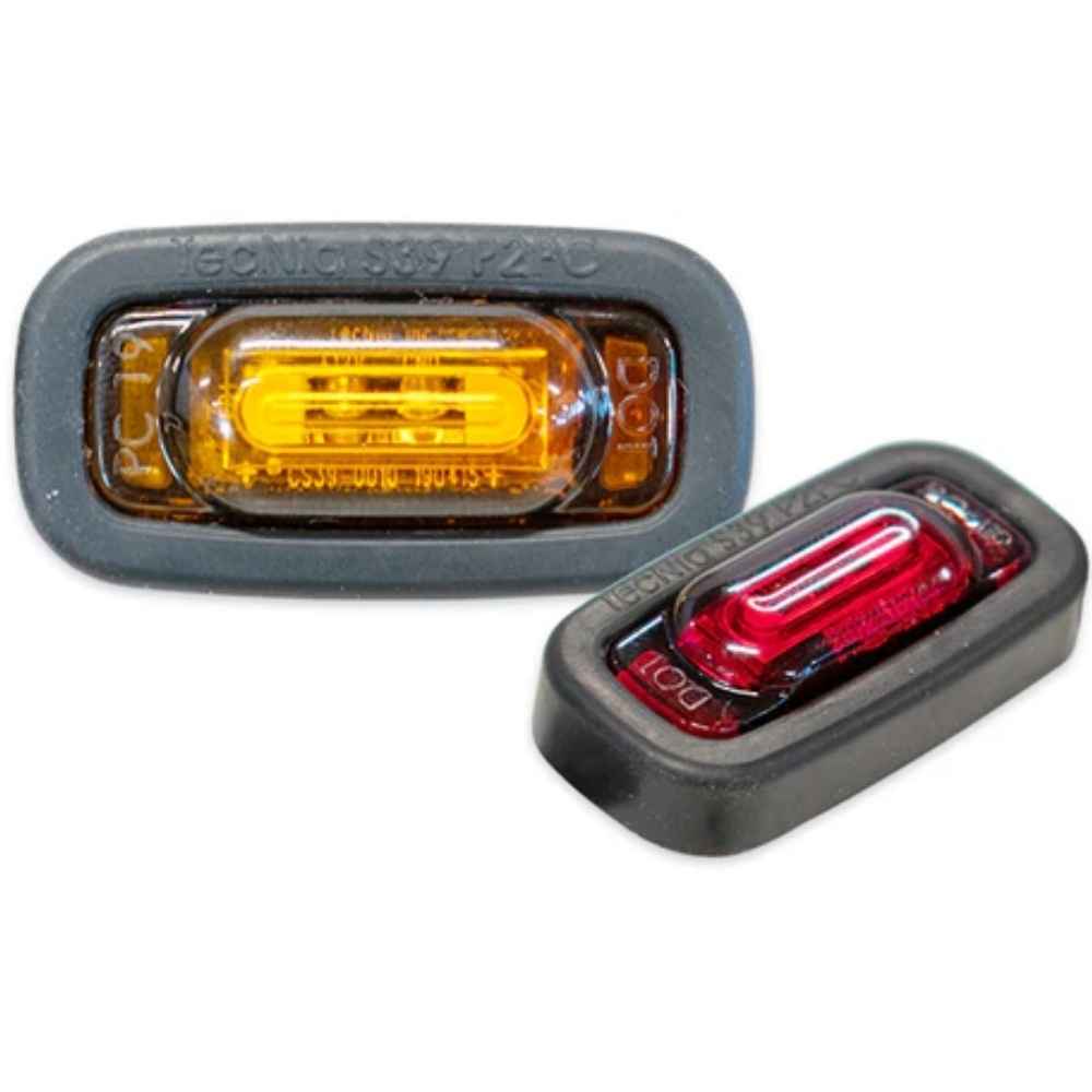 Two TecNiq S39 : Adhesive Mounted PC Rated Side Marker LED lights, one yellow and one red, on a white background.