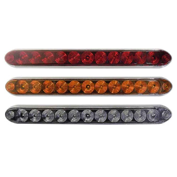 Three rows of LED trailer lights in red, orange, and clear on a white background