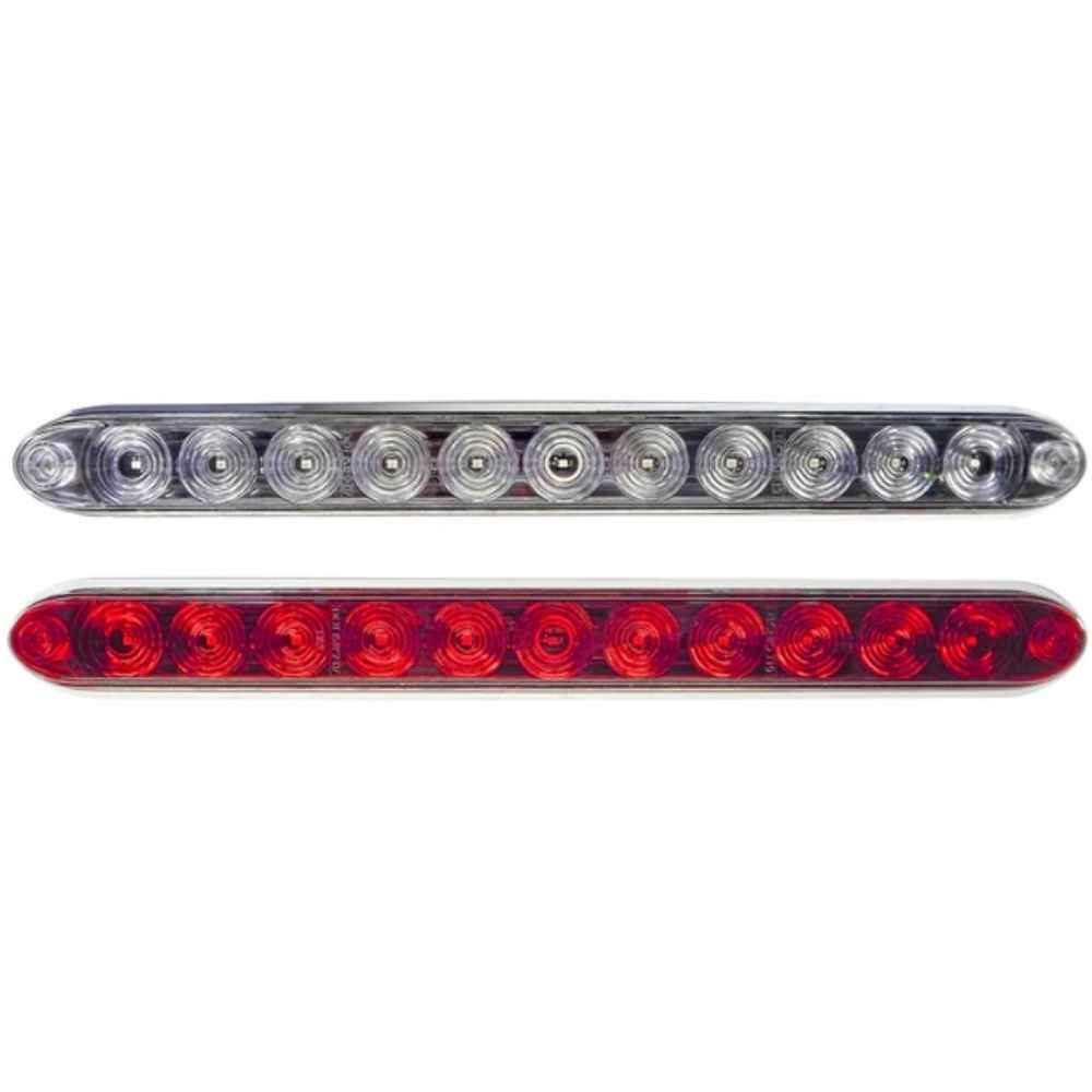 Two LED light bars, one with clear lenses and silver housing, the other with red lenses and clear housing.