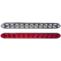 Two LED light bars, one with clear lenses and silver housing, the other with red lenses and clear housing.