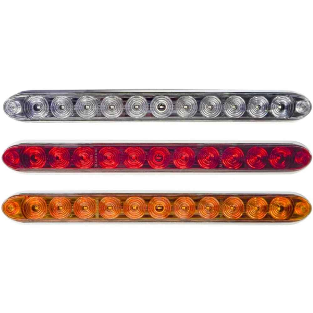 Three rows of LED trailer TecNiq T13 : Supplemental ID Bar/Turn in red, amber, and clear on a white background