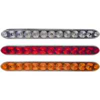 Three rows of LED trailer TecNiq T13 : Supplemental ID Bar/Turn in red, amber, and clear on a white background