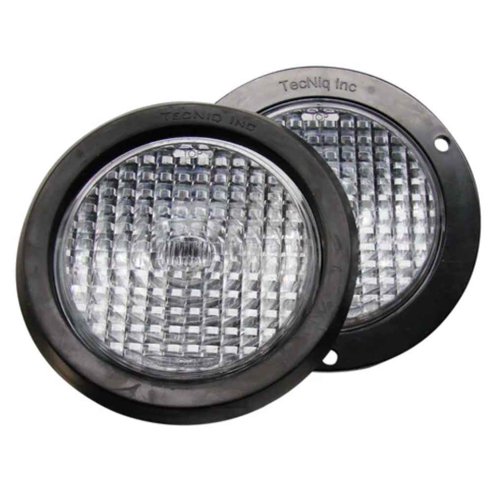 Two round fog lights TecNiq T41 : High Brightness Reverse Lamp with black rims on a white background