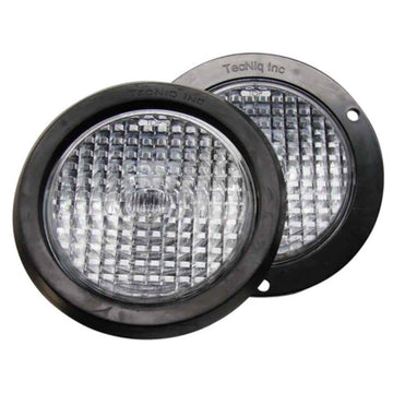Two round fog lights TecNiq T41 : High Brightness Reverse Lamp with black rims on a white background