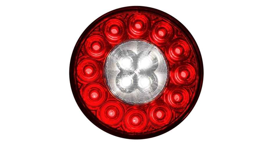 Red circular TecNiq T42 : 4" Round Stop/Tail/Turn/Reverse with a white center on a white background