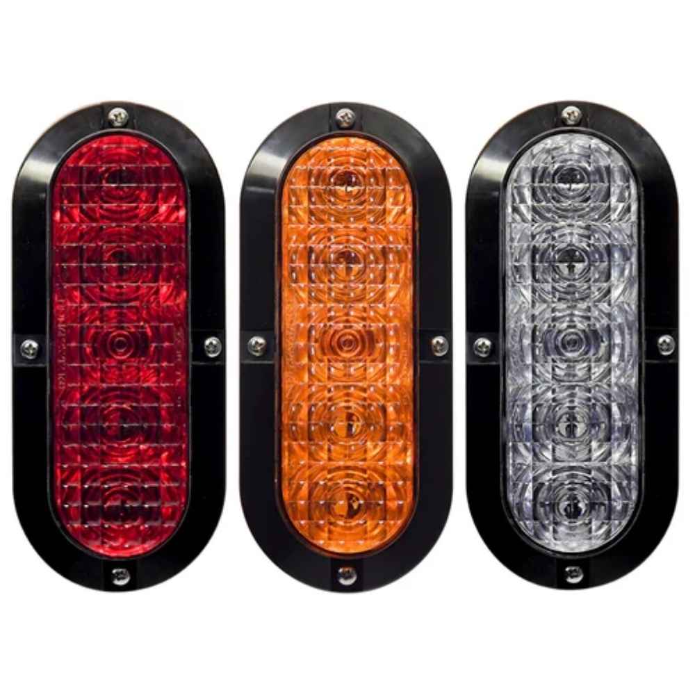 Three TecNiq T61 : 6" Oval Stop/Tail/Turn Surface Mount in red, orange, and clear on a white background