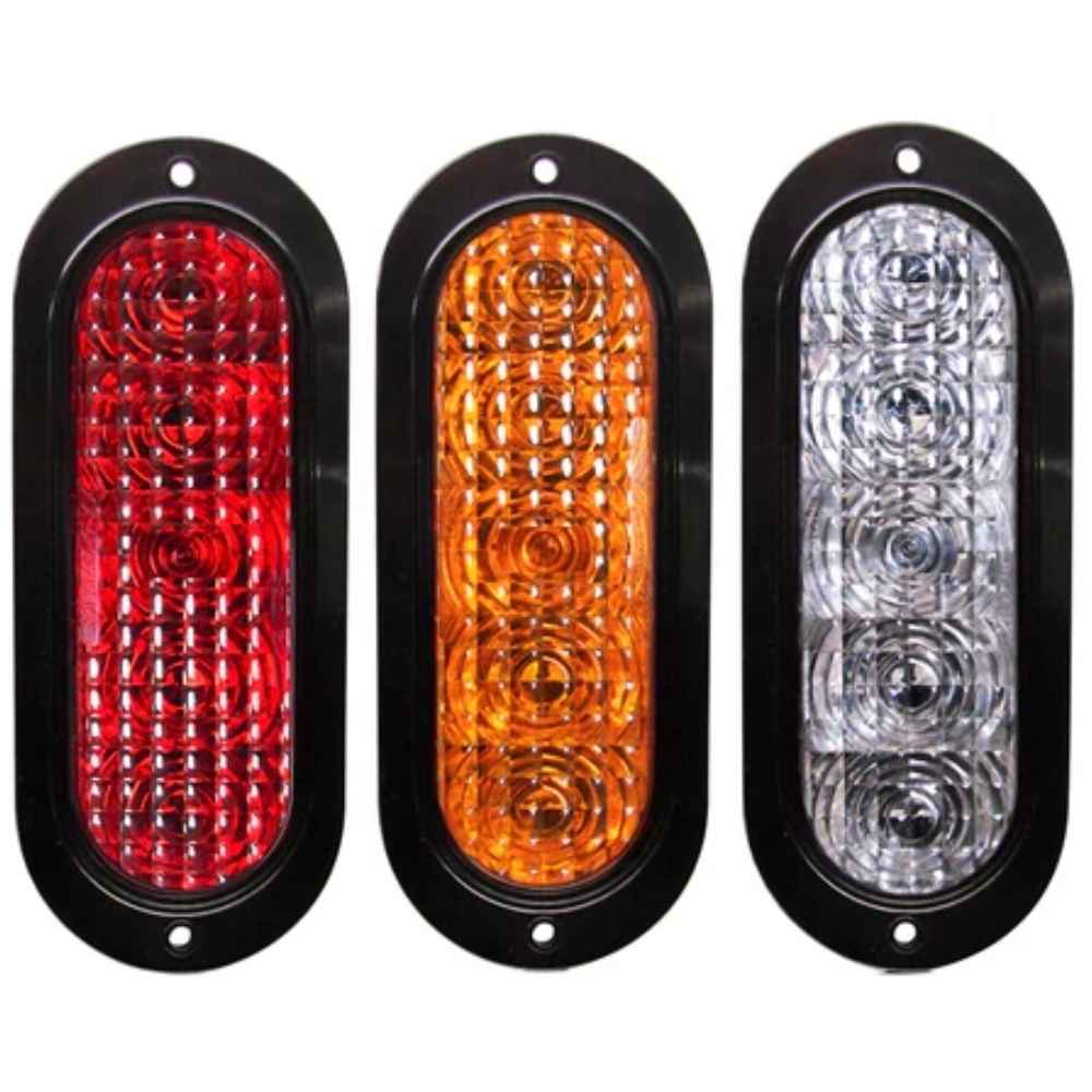 Three TecNiq T62 : 6" Oval Stop/Tail/Turn Flange Mount in red, yellow, and clear on a white background