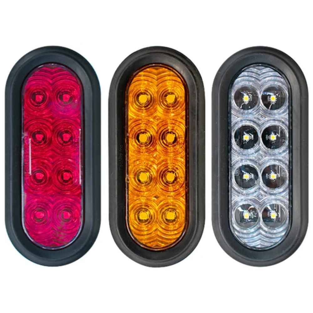 Three TecNiq T68 : 6" Oval LED High Visibility STT in red, yellow, and white on a white background