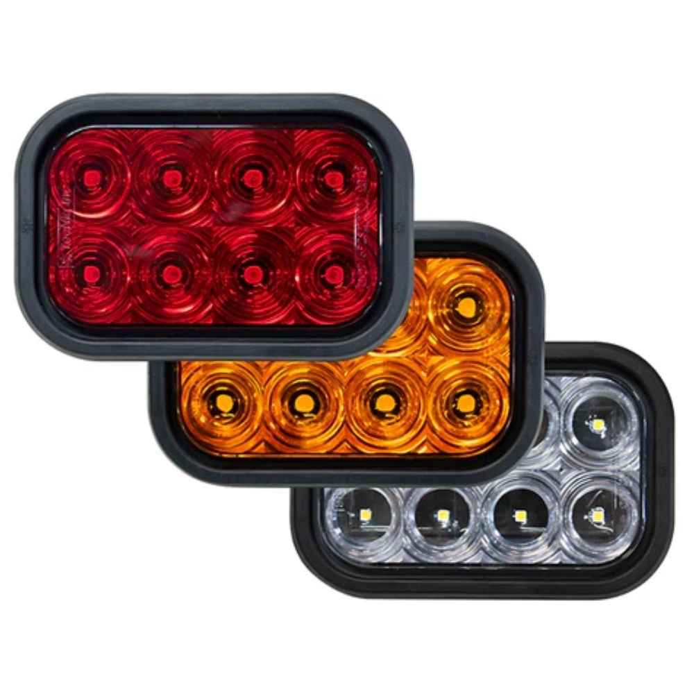 Three TecNiq T71 : 4" Rectangular LED High Visibility STT in red, amber, and clear on a white background