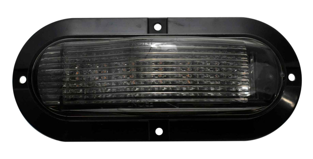 Black rectangular light fixture with clear cover on a white background