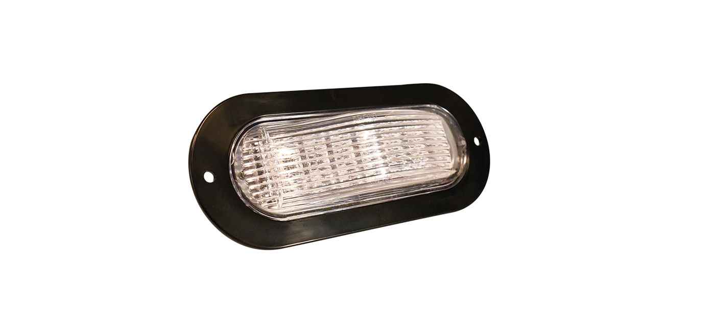 Rectangular automotive light with black casing on a white background