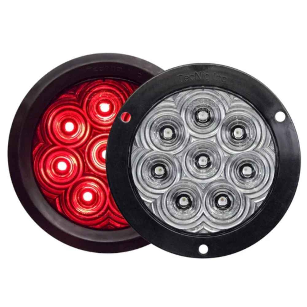 Two Tecniq T46 : 4" High Visibility Stop/Tail/Turn, one red and one clear, on a white background.