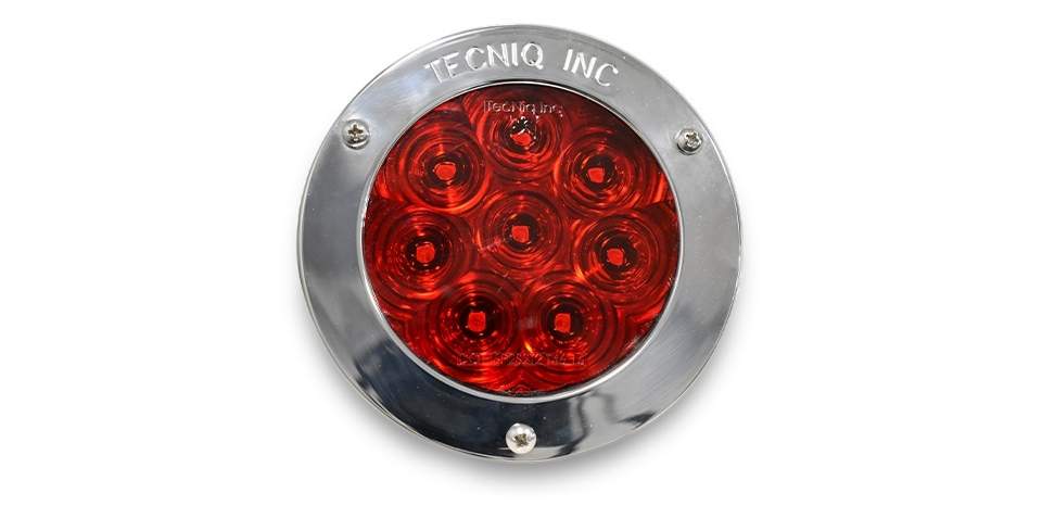 Red circular Tecniq T46 : 4" High Visibility Stop/Tail/Turn with chrome rim and 'TechniQ Inc.' branding on a white background