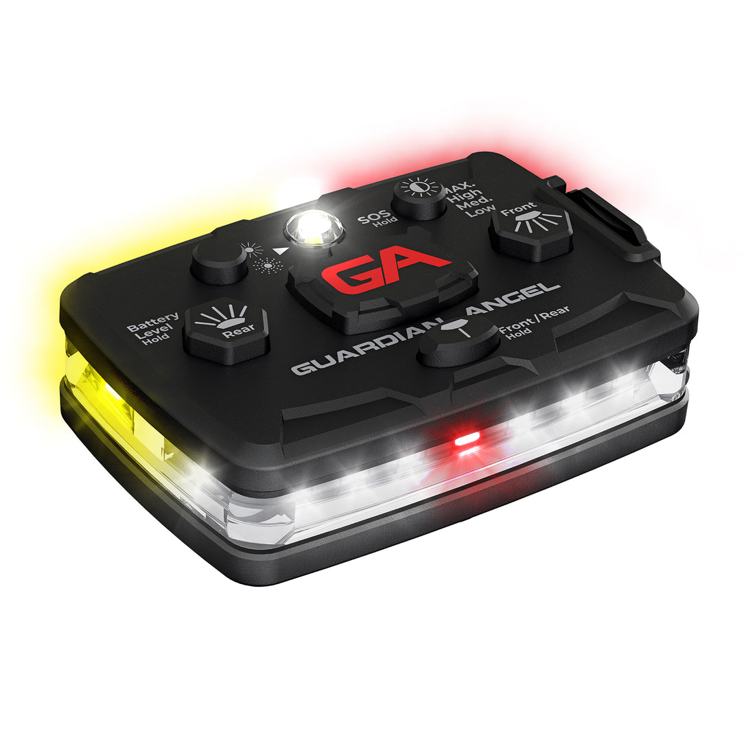 Wearable safety LED light with white, red and yellow lenses clipped on high-visibility gear.